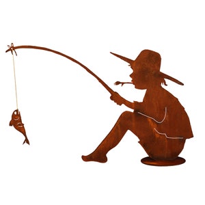May include: A rusty metal silhouette of a person fishing with a rod and line. The person is wearing a hat and sitting on a stool. A fish is on the end of the line.