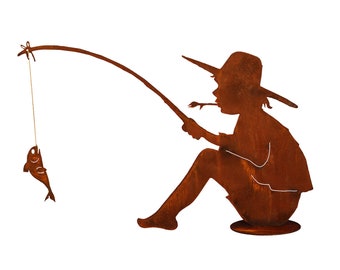 ANGLER WITH FISH 60 x 90 cm on plate rust garden decoration rust figure rust metal fisherman pond decoration rusty decoration vintage