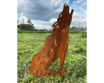 Garden figure of a howling wolf, 50 x 32 cm / 75 x 48 cm, garden stake, rusted metal garden decoration, rust figure, dog, fox, hunting animal, rusty garden decoration