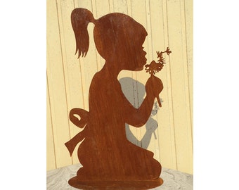 Fille avec pissenlit 35 cm / 60 cm / 70 cm Patine rouille Décoration de jardin Résistant aux intempéries Personnes Enfant Métal Rouille Figure Jardin