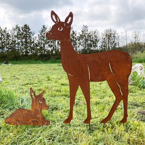Set of 2 standing deer with fawn 80 cm / 32 cm garden stake rust metal rust figure deer + fawn rusty garden decoration