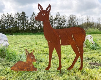 Set of 2 standing deer with fawn 80 cm / 32 cm garden stake rust metal rust figure deer + fawn rusty garden decoration