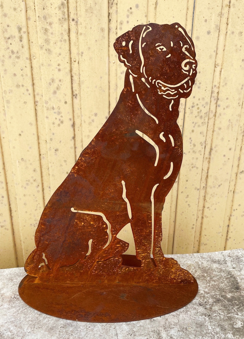 Figurine de jardin chien assis 50 x 35 cm sur plaque patinée résistant aux intempéries rouille métal rouille figure Labrador Boxer image 2