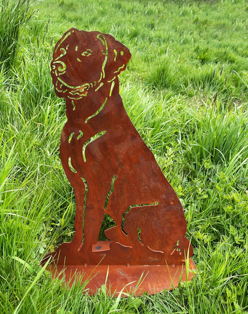 Figurine de jardin chien assis 50 x 35 cm sur plaque patinée résistant aux intempéries rouille métal rouille figure Labrador Boxer image 5