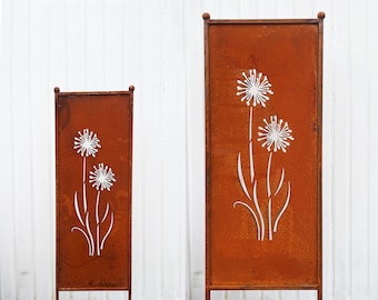 Paravent patiné motif fleurs allium 116 x 33 cm / 162 x 53 cm écran à brancher panneau piquet de jardin décoration de jardin résistant aux intempéries métal rouille