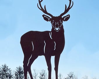 Deer facing forward, 95 x 54 cm, on a base, rusted metal garden decoration, rust figure, rusted deer, fawn, rusty garden decoration, autumn