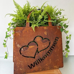 Rusty metal bag 32 x 37 cm Large handbag for planting Welcome with double heart Rusty metal planting bag Flower pot Lantern Rusty garden decoration