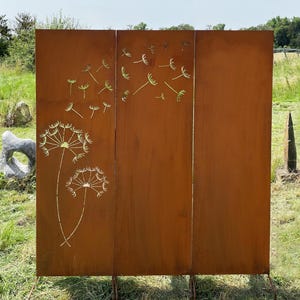 Set of 3 patina privacy screens with dandelion motifs 165 x 150 cm, screen for sticking, sign, garden stake, rusty garden decoration, weatherproof, rust metal