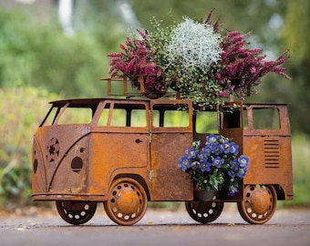 Bulli Bus zum Bepflanzen 75x30x45cm Edelrost Gartendeko Wetterfest Rost Metall Kult Auto Camper flower power Multivan