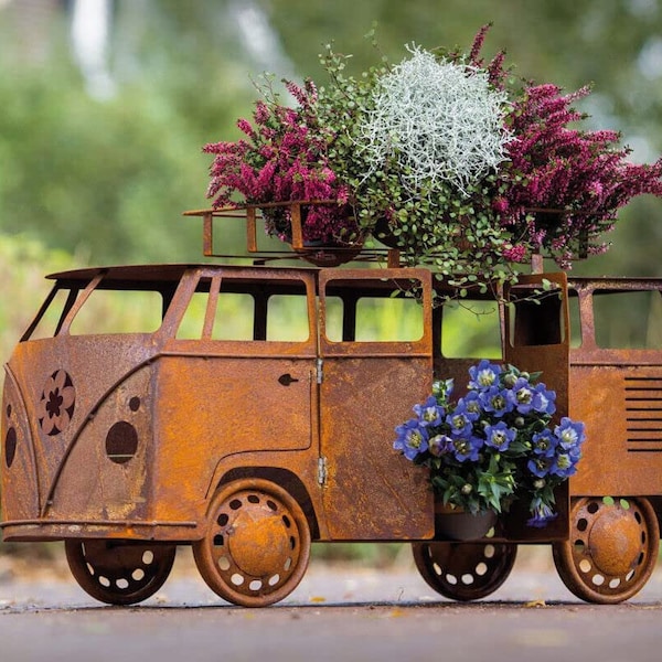 Bulli Bus zum Bepflanzen 75x30x45cm Edelrost Gartendeko Wetterfest Rost Metall Kult Auto Camper flower power Multivan