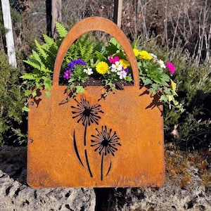 Rusty metal bag 27 x 32 cm handbag with 2 planting flowers, rusty planter, flower pot, lantern, rusty decoration, vintage country house decor