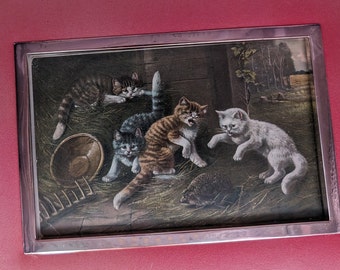 Vintage cats and hedgehog postcard in vintage Silvercraft frame