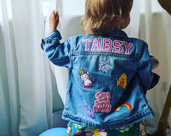 Personalised Kids Denim Jacket with x5 patches and your choice of letters.