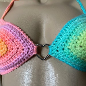 Rainbow Crochet Top with Heart Ring - size M