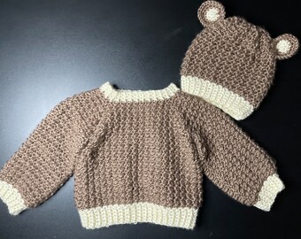 Hand Crocheted Baby Sweater & Bear Beanie set