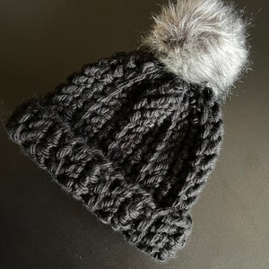 Kids Crochet Chunky Beanie with Fur Pompom