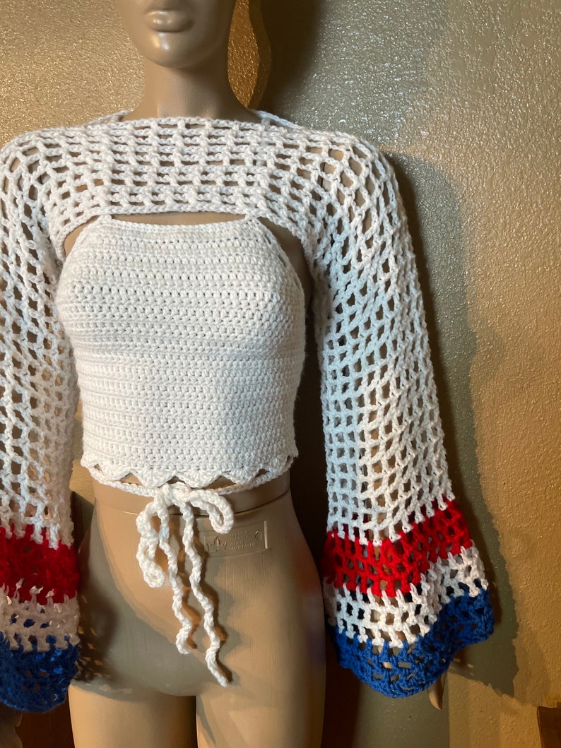 Red White & Blue Crochet Sleeveless Top W/ Denim Star Patches