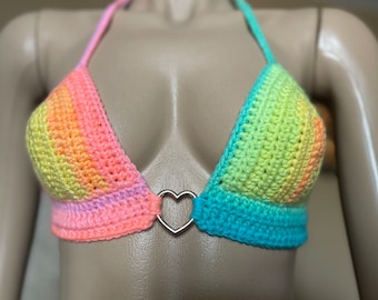 Rainbow Crochet Halter Top with Heart Ring