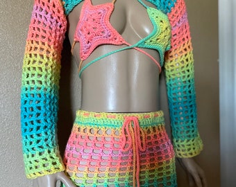 Custom Rainbow Crochet Rave Outfit - 3 piece set