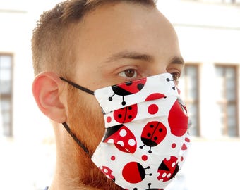 Lilind® fashion gezichtsmasker, handgemaakt, herbruikbaar, wasbaar, 100% katoen, rode lieveheersbeestjes