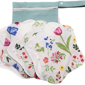 Lilind® Confezione da 6 assorbenti in tessuto di cotone con borsa gratuita, comodi, impermeabili, riutilizzabili, fiori primaverili