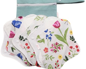 Lilind® 6 Pack Cotton Cloth Pads with free Bag, Comfortable, Waterproof, Reusable, Spring flowers