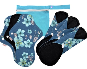 Lilind® 6 Pack Black Organic Cloth Pads, Reusable Waterproof, Comfortable and Extra Soft Blue Flowers