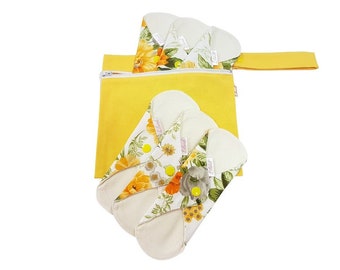 Lilind® 6 Pack Organic Cloth Pads, Reusable Waterproof Comfortable and Extra Soft Yellow Flowers