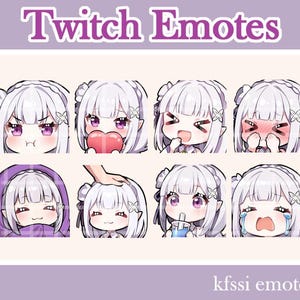 May include: A collection of eight Twitch emotes featuring a character with white hair and purple eyes. The emotes display various expressions, including blushing, crying, and drinking. The text "Twitch Emotes" and "kfssi emotes" are visible.