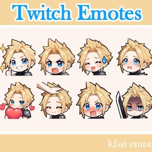 May include: A collection of Twitch emotes featuring a character with spiky blonde hair and blue eyes. The emotes display various expressions, including thumbs up, anger, and holding a heart. The text "Twitch Emotes" is at the top.