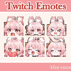 May include: A collection of six pink-haired anime-style Twitch emotes. Each emote features a different expression, including anger, shyness, and crying. The text "Twitch Emotes" is at the top, and "kfssi emotes" is at the bottom.