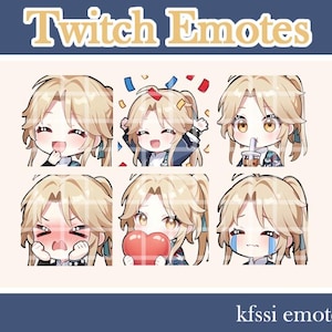 May include: A collection of six Twitch emotes featuring a cartoon character with blonde hair and various expressions. The emotes include happy, celebratory, drinking, blushing, holding a heart, and crying. The text "Twitch Emotes" and "kfssi emotes" are also present.