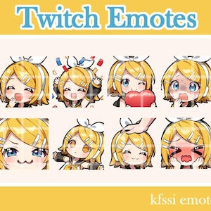 May include: A collection of eight cartoon emotes featuring a character with yellow hair and blue eyes. The emotes display various expressions, including joy, surprise, and embarrassment. The text "Twitch Emotes" is at the top, with "kfssi emotes" at the bottom.