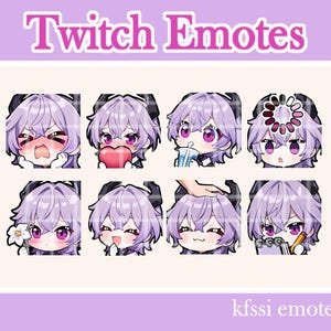 May include: A collection of eight Twitch emotes featuring a character with lavender hair and purple eyes. Each emote displays a different expression or action, such as holding a heart or drinking from a cup. The text "Twitch Emotes" and "kfssi emotes" are also present.