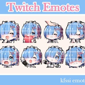 Op de afbeelding: Een verzameling van acht cartoon emotes met een personage met blauw haar en een bloemenhoofddeksel. De emotes tonen verschillende uitdrukkingen, waaronder vreugde, verdriet en het vasthouden van een hart. De tekst "Twitch Emotes" staat bovenaan.