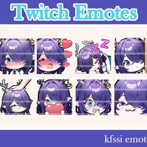 Puede incluir: Un conjunto de emotes de Twitch que presenta un personaje con cabello morado, ojos azules y cuernos de ciervo. Los emotes muestran varias expresiones, como sonrojarse, dormir y sostener un corazón. El texto "Twitch Emotes" y "kfssi emotes" también está presente.