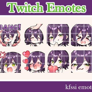 May include: A collection of Twitch emotes featuring a character with purple hair and green eyes. The emotes display various expressions, including excitement, sadness, and anger. The text "Twitch Emotes" is at the top, and "kfssi emotes" is at the bottom.