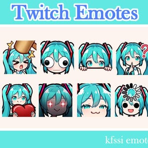 May include: Eight Twitch emotes featuring a character with turquoise hair and red accents. The emotes show different expressions, such as surprise, confusion, and love. The text "Twitch Emotes" is at the top, and "kfssi emotes" is at the bottom.