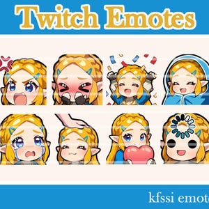 Puede incluir: Una colección de ocho emoticonos de Twitch con un personaje de dibujos animados con cabello rubio y ojos azules, que muestra varias emociones. El texto "Twitch Emotes" está en la parte superior, con "kfssi emotes" en la parte inferior.