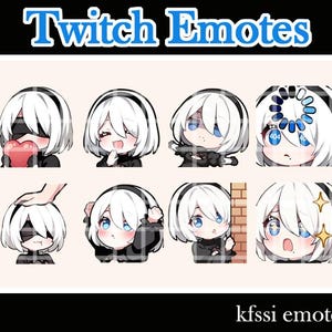May include: A collection of eight Twitch emotes featuring a character with white hair and black clothing. The emotes display various expressions and actions, including holding a heart, smiling, and looking surprised. The text "Twitch Emotes" is at the top.