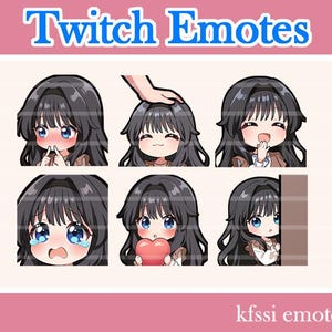 May include: A set of six anime-style Twitch emotes featuring a girl with black hair and blue eyes. The emotes display various expressions, including blushing, smiling, crying, and holding a heart. The text "Twitch Emotes" is at the top.
