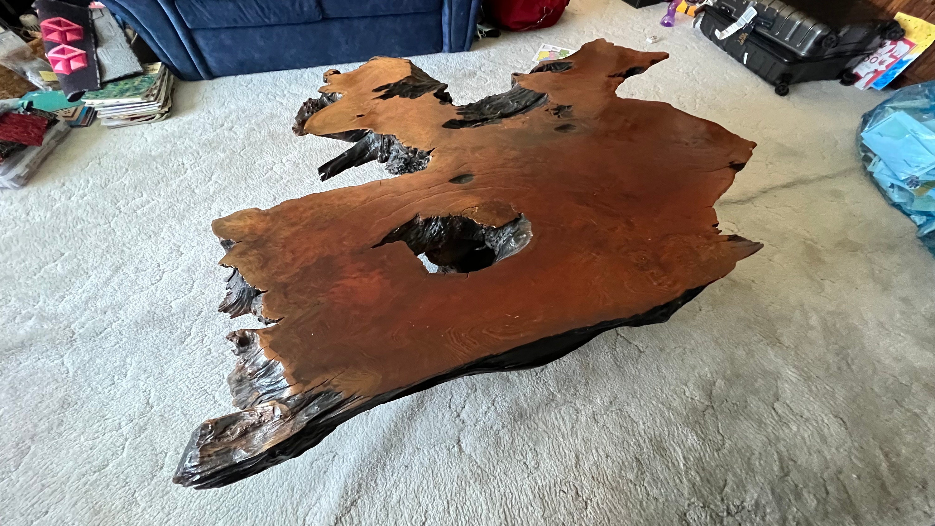 Magnificent Vintage Redwood Burl Coffee Table From 1960s. Solid 3 W