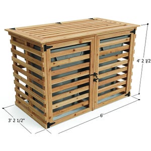 Puede incluir: Un cobertizo de almacenamiento exterior de madera con diseño de listones y dos puertas frontales, que alberga dos contenedores grises. La estructura mide 6 pies de ancho, 3 pies 2 1/2 pulgadas de profundidad y 4 pies 2 1/2 pulgadas de alto.
