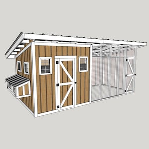 May include: A detailed rendering of a wooden chicken coop with a brown exterior and white trim. The coop features a sloped roof, windows, a door, and a wire mesh enclosure. A small nesting box is attached to the side.
