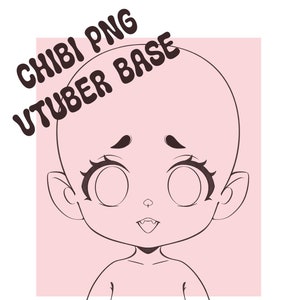 May include: Line art illustration of a chibi character with large eyes, a small nose, and a wide mouth. The character is facing forward and has a surprised expression. The illustration is on a pink background with the text "CHIBI PNG UTUBER BASE" in black.