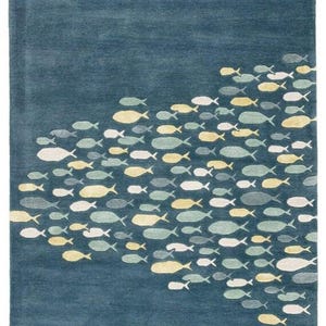 Blue Sea Carpet with Fish Pattern, Ocean Inspired Kids and Living Room Decor