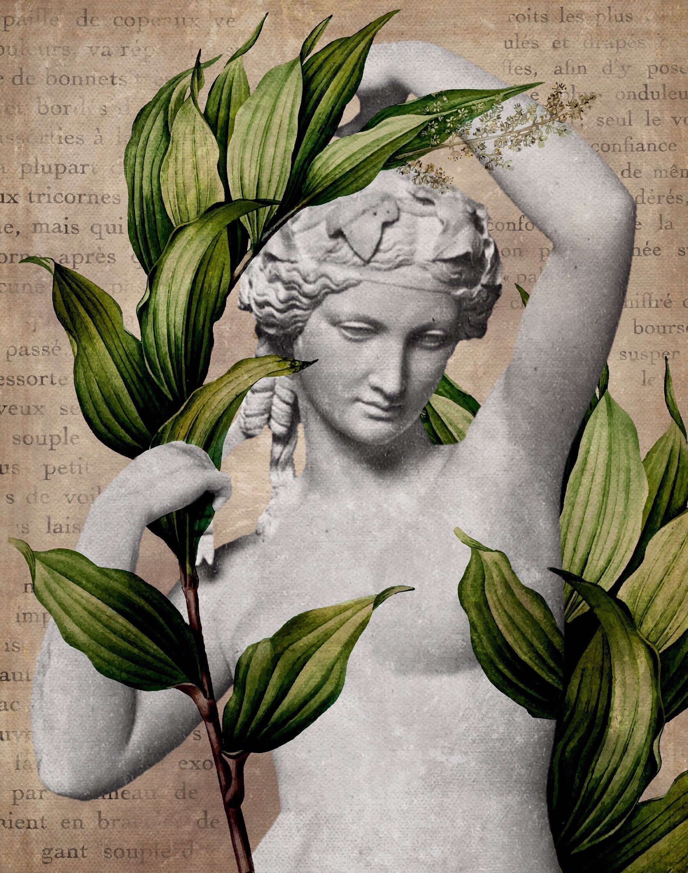 Greek Statue With Vintage Writing and Green Plants Decor Etsy