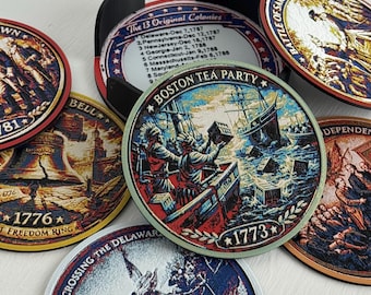 USA 250th Anniversary Coaster Set with Holder, American Revolution Patriotic Gift