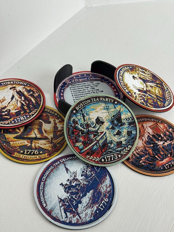 USA 250th Anniversary Commemorative Coaster Set of 6 Plus Holder - American Revolution -Patriotic Decor