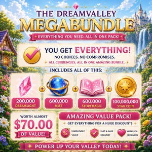 Op de afbeelding: De Dreamvalley Megabundle promotieafbeelding toont een fantasielandschap met een kasteel en waterval. Het bevat digitale items zoals 200.000 Dreamlight, 600.000 Mist, 600.000 Storymagic en 100.000.000 Star Coin, met een totale waarde van $70,00.